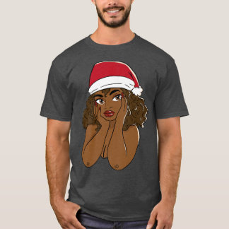 T-shirt Femme noire mignonne portant le Père Noël Casquett