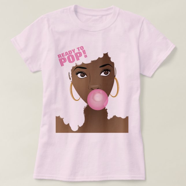 T-shirt Femme noire, prête à la pop, Baby shower Bubblegum (Design devant)