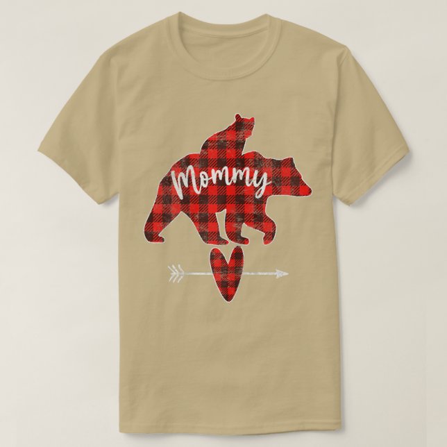 T-shirt Femme Rouge Plaid Maman Ours, Rouge Buffalo Plaid  (Design devant)