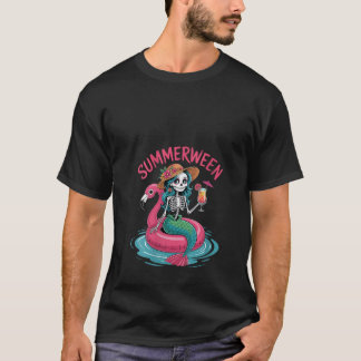 T-shirt Femme Summerween Mermaid Skeleton Beach Flamant ro