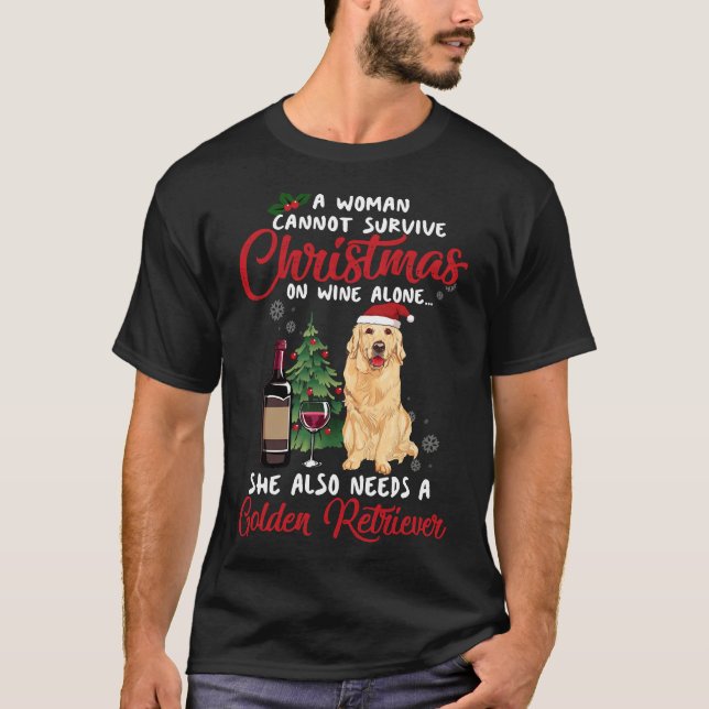 T-shirt Femmes Golden Retriever Et Vin Noël Équipé (Devant)