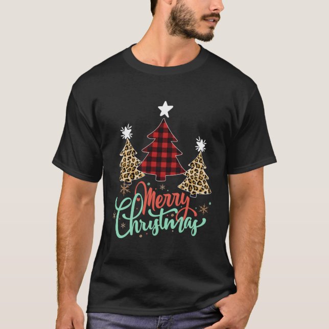 T-shirt Femmes Léopard Plaid Arbre de Noël Joyeux Noël (Devant)