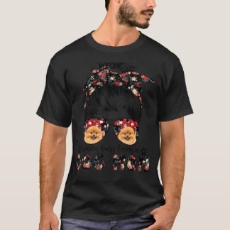 T-shirt Femmes Pomeranian Chien Maman Messy Bun Lunettes d