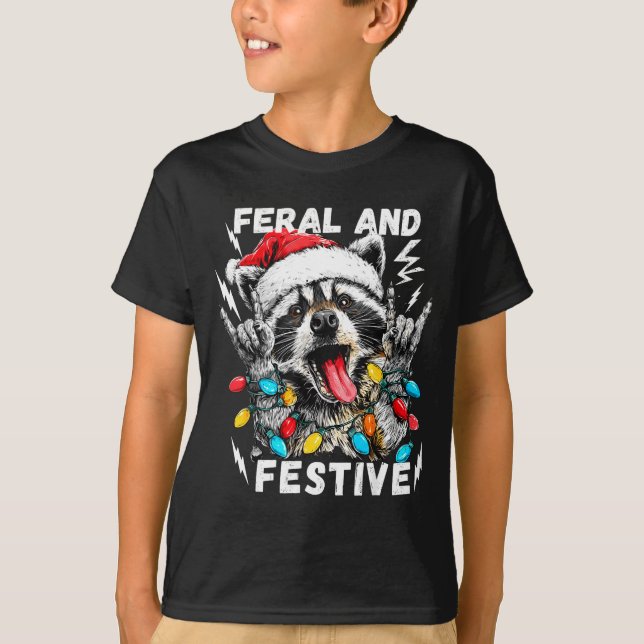 T-shirt Feral And Festive Funny Christmas Rocker Raccoon S (Devant)
