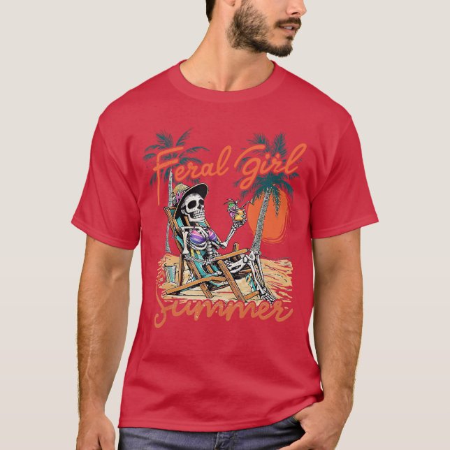 T-shirt Feral Girl été drôle mème Skeleton Hawaii Beach (Devant)