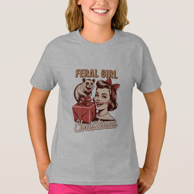 T-shirt Feral Girl Noël Opossum Xmas Trashy Retro (Devant)