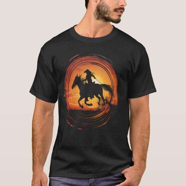 T-shirt Ferme de l'amant du cheval de coucher de soleil Mi (Devant)