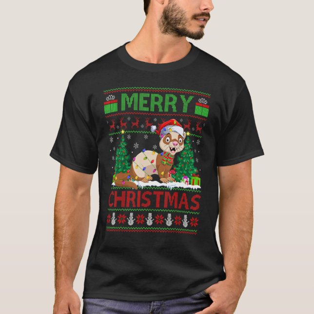 T-shirt Ferret   Xmas Tree Lights Ugly Santa Ferret Christ (Devant)