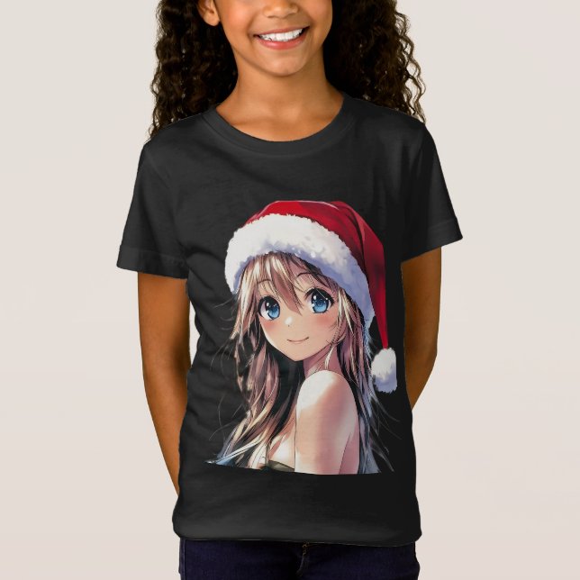 T-Shirt Festive Anime Girl Santa Hat avec yeux bleu clair (Devant)