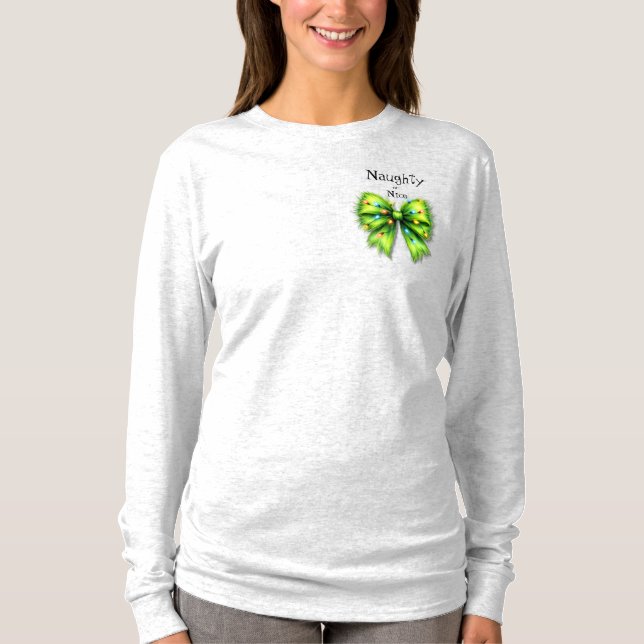 T-shirt Festive Green Furry Bow-Lights Naughty ou Nice (Devant)