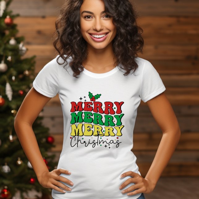 T-SHIRT FESTIVE RETRO MERRY CHRISTMAS FAMILLE (Holiday festive fun outfit with quote MERRY MERRY MERRY CHRISTMAS PIJAMA OR FAMILY GATHERING)