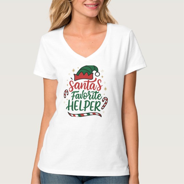 T-shirt Festive Santa Helper Christmas Women V-Neck T-Shir (Devant)
