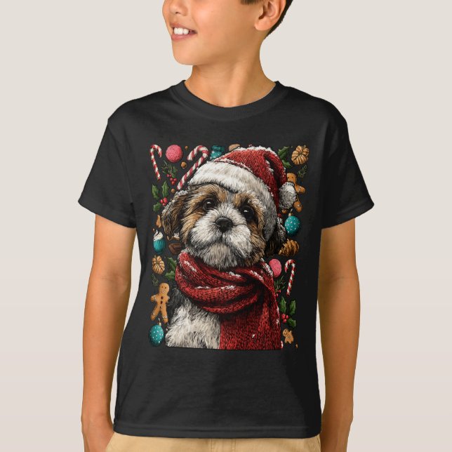 T-shirt Festive Shih Tzu With Santa Hat Snowy Winter Chris (Devant)