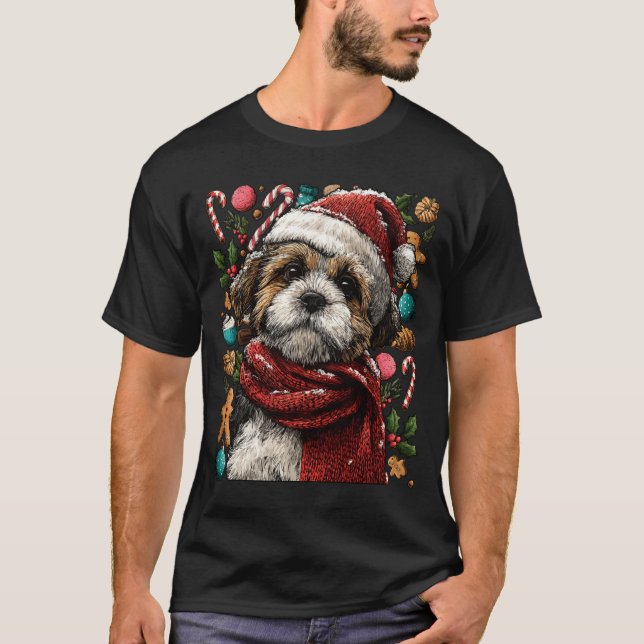 T-shirt Festive Shih Tzu With Santa Hat Snowy Winter Chris (Devant)