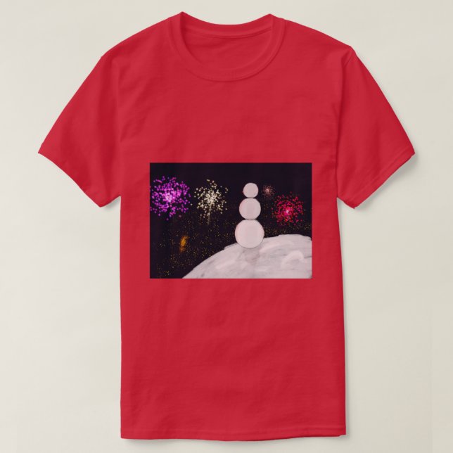 T-shirt Festive Snowman with Colorful New Year Pyrotechnic (Design devant)