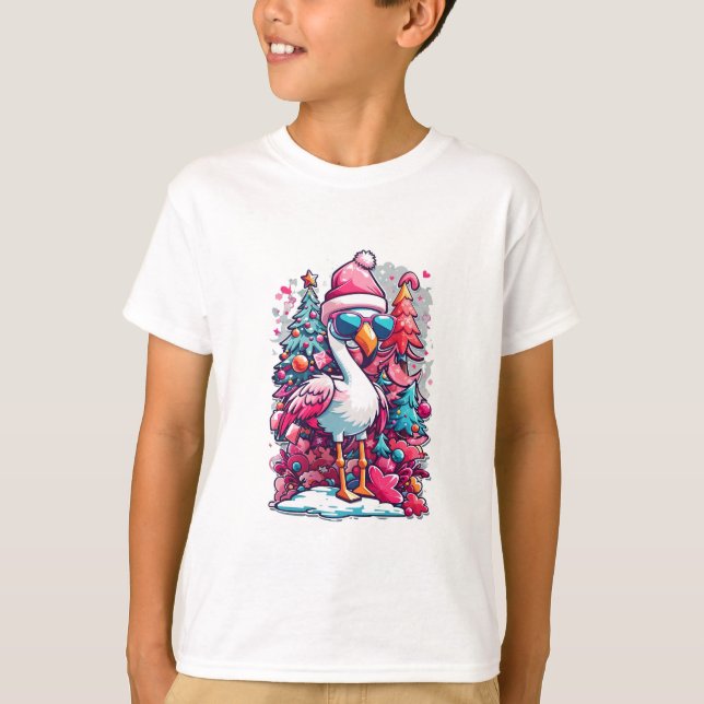 T-shirt Festivités Flamants roses chapeau et lunettes Noël (Devant)
