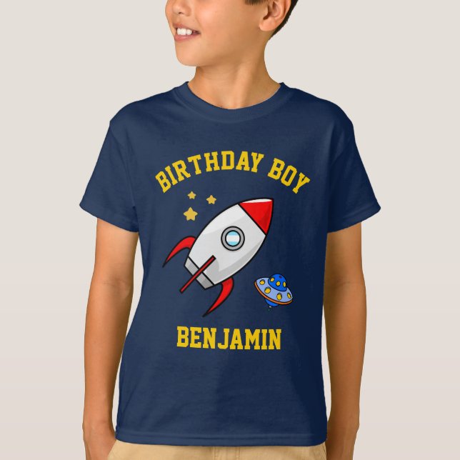 T-shirt Fête d'anniversaire de fusée spatiale pour garçons (Devant)