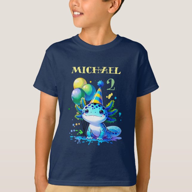 T-shirt Fête d'anniversaire du garçon Axolotl bleu et vert (Devant)