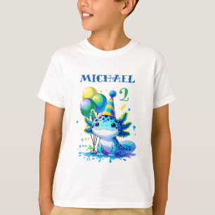T-shirt Fête d'anniversaire du garçon Axolotl bleu et vert