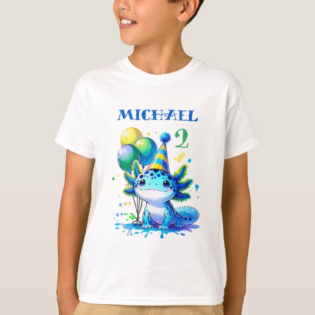 T-shirt Fête d'anniversaire du garçon Axolotl bleu et vert (Devant)
