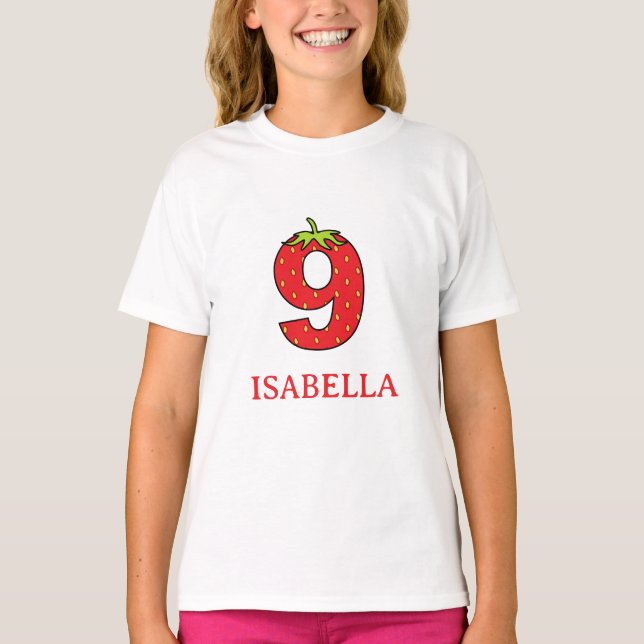 T-shirt Fête d'anniversaire thème fraise 9 ans  (Devant)