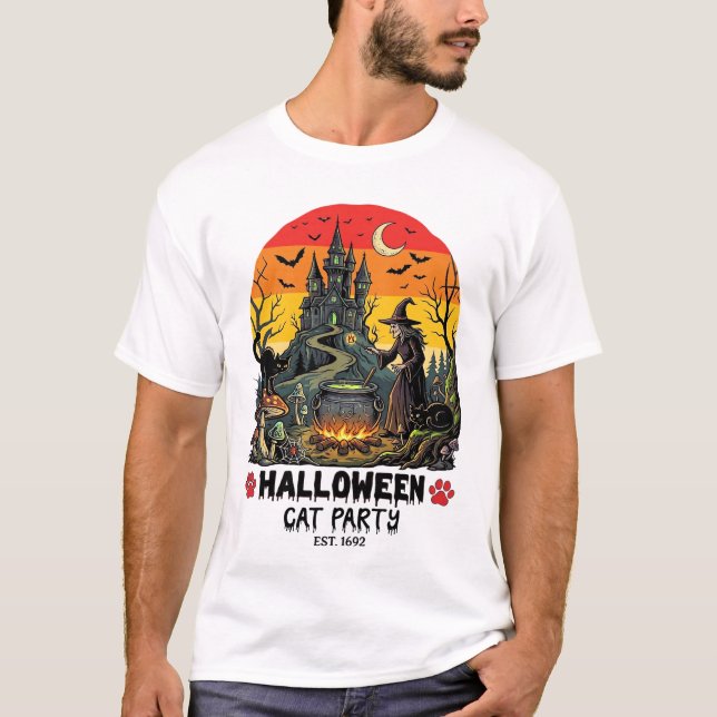 T-shirt Fête de chat d'Halloween Sorcière Chaudron Chats n (Devant)