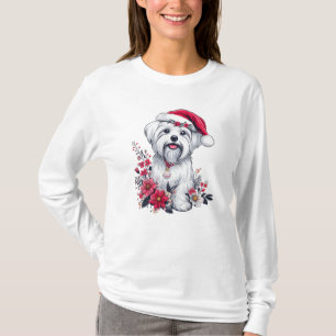 T-shirt Fête de fleurs Chien maltais avec Santa Hat Chien