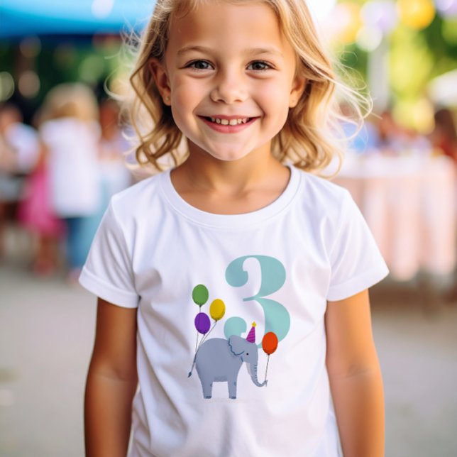 T-shirt Fête de l'Anniversaire Elephant (Party Animals 3rd Birthday t-shirt with elephant wearing a party hat and holding colorful balloons)
