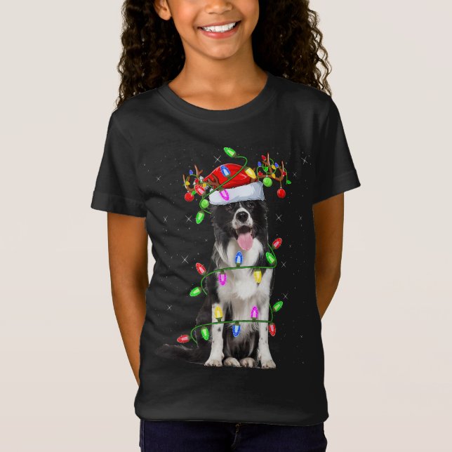 T-Shirt Fête de Noël Éclairage Père Noël Frontière Collie  (Devant)