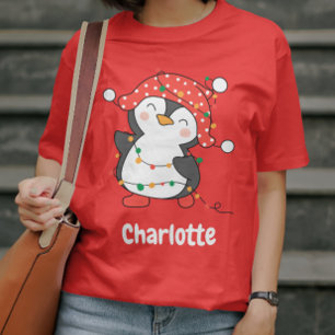 T-shirt Fête de Noël Penguin Rouge Custom Girls Nom