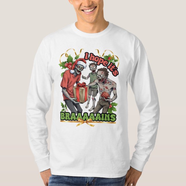 T-shirt Fête de Noël pull moche cerveau de zombie (Devant)