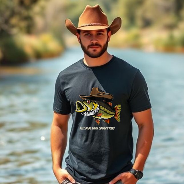 T-shirt Fête des pères Funny Fish portant un Casquette Cow (Bass Fish Reel Dads wear Cowboy hats Funny Fathers Day t shirt
)