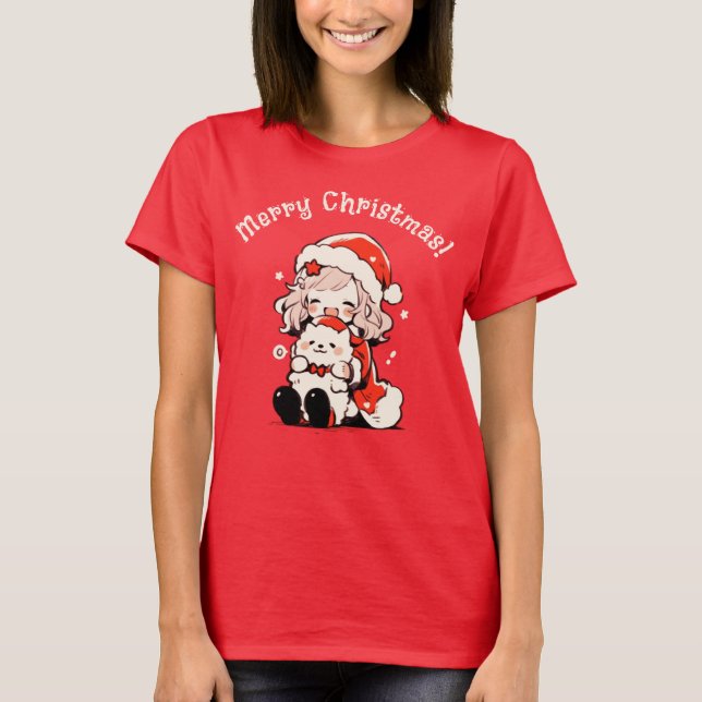 T-shirt Fête moderne fille Whimsical avec chien Noël (Devant)