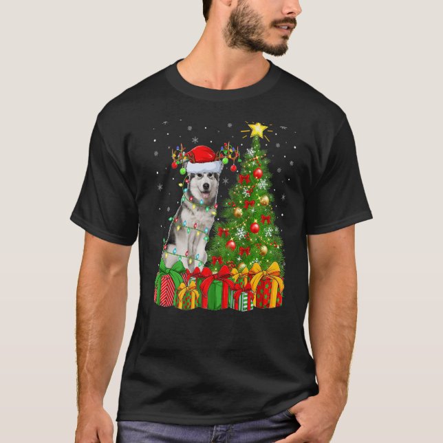 T-shirt Fêtes de Noël Lumières Père Noël Alaskien Malamute (Devant)