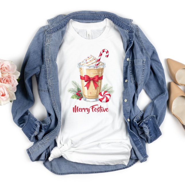 T-shirt Fêtes de Noël personnalisées Café glacé Latte (Christmas Holiday Iced Coffee Peppermint Latte Personalized T-shirt for her)