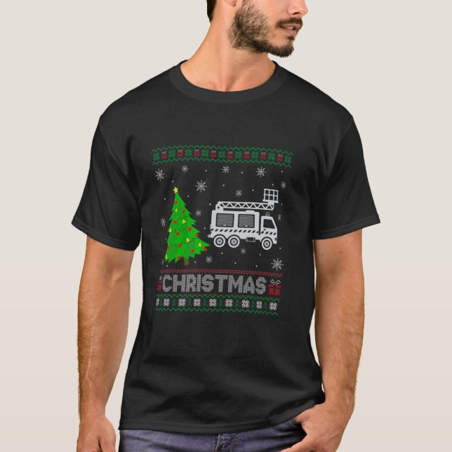T-shirt Feu Camion Xmas Éclairage Arbre Vilain Sueur de No (Devant)