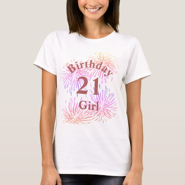 T-shirt Feu d'artifice rose personnalisé 21e fille anniver (Devant)