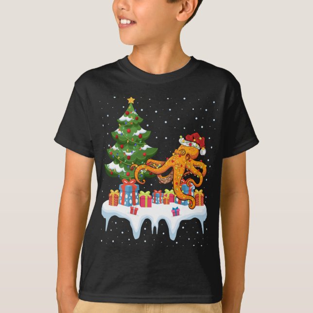T-shirt Feu d'éclairage de Noël Noël Chapeau Octopus Noël (Devant)