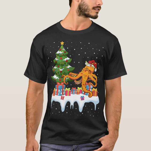 T-shirt Feu d'éclairage de Noël Noël Chapeau Octopus Noël (Devant)