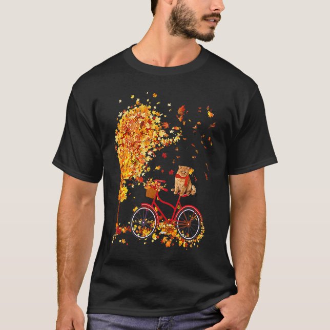 T-shirt Feuille d'érable Automne Chat Mignon Sur Vélo C'es (Devant)