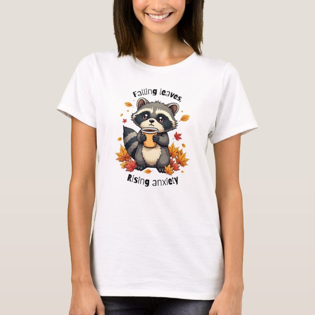 T-shirt Feuille et anxiété - Joli Raccoon avec café (Devant)