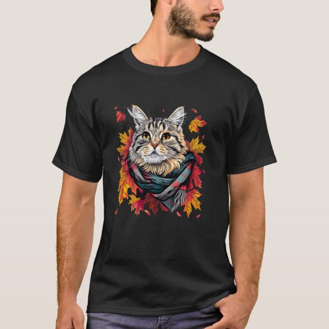 T-shirt Feuilles d'automne Chat Selkirk Rex Saison d'autom (Devant)