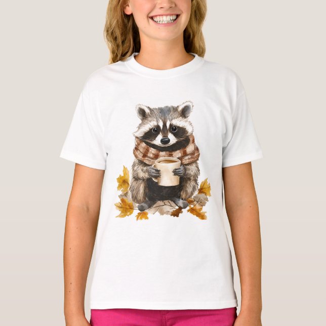T-shirt Feuilles d'automne confortable raccoon avec tasse  (Devant)