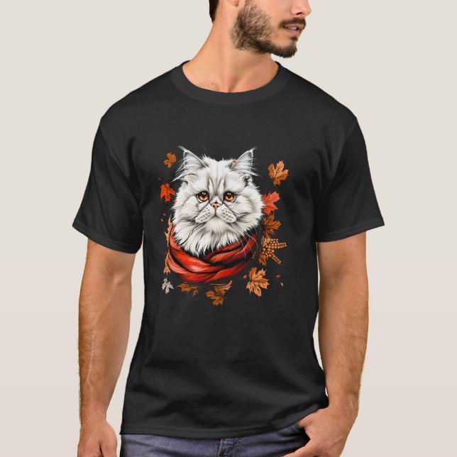 T-shirt Feuilles d'automne Rétro Chat Persan Saison d'auto (Devant)