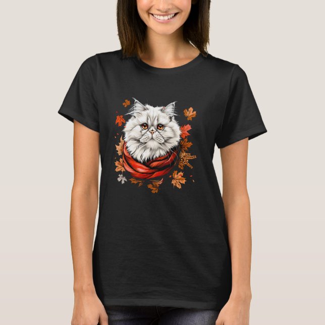 T-shirt Feuilles d'automne Rétro Chat Persan Saison d'auto (Devant)