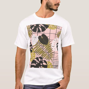 T-shirt Feuilles tropicaux, fleurs, motif peint à la main.