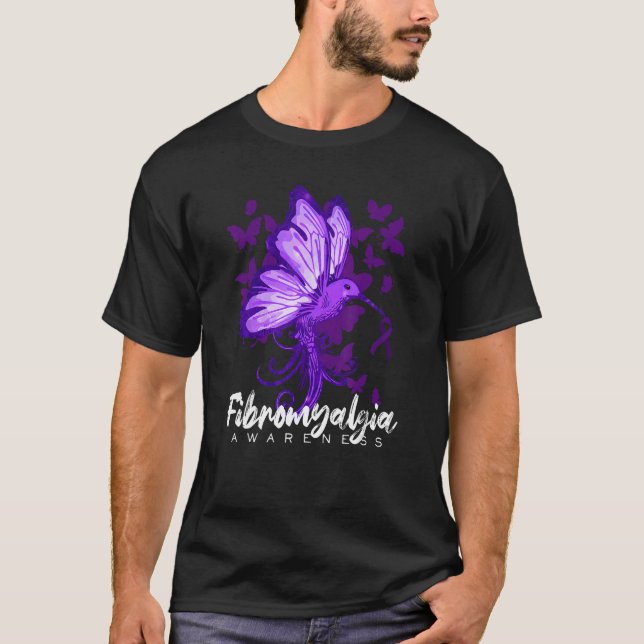 T-shirt Fibromyalgia Awareness Hummingbird Holding Purple  (Devant)