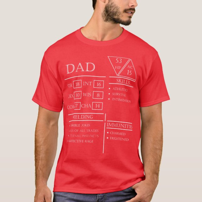 T-shirt Fiche de personnage Dad Stats Blanche (Devant)