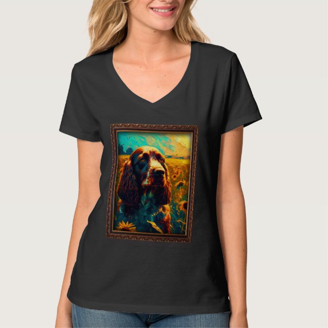T-shirt Field Spaniel Painting Sunflower Flower Mom Women  (Devant)