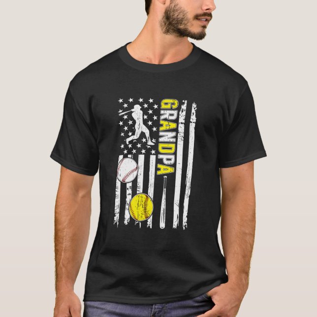 T-shirt Fier Papy de Baseball et Softball Drapeau Américai (Devant)